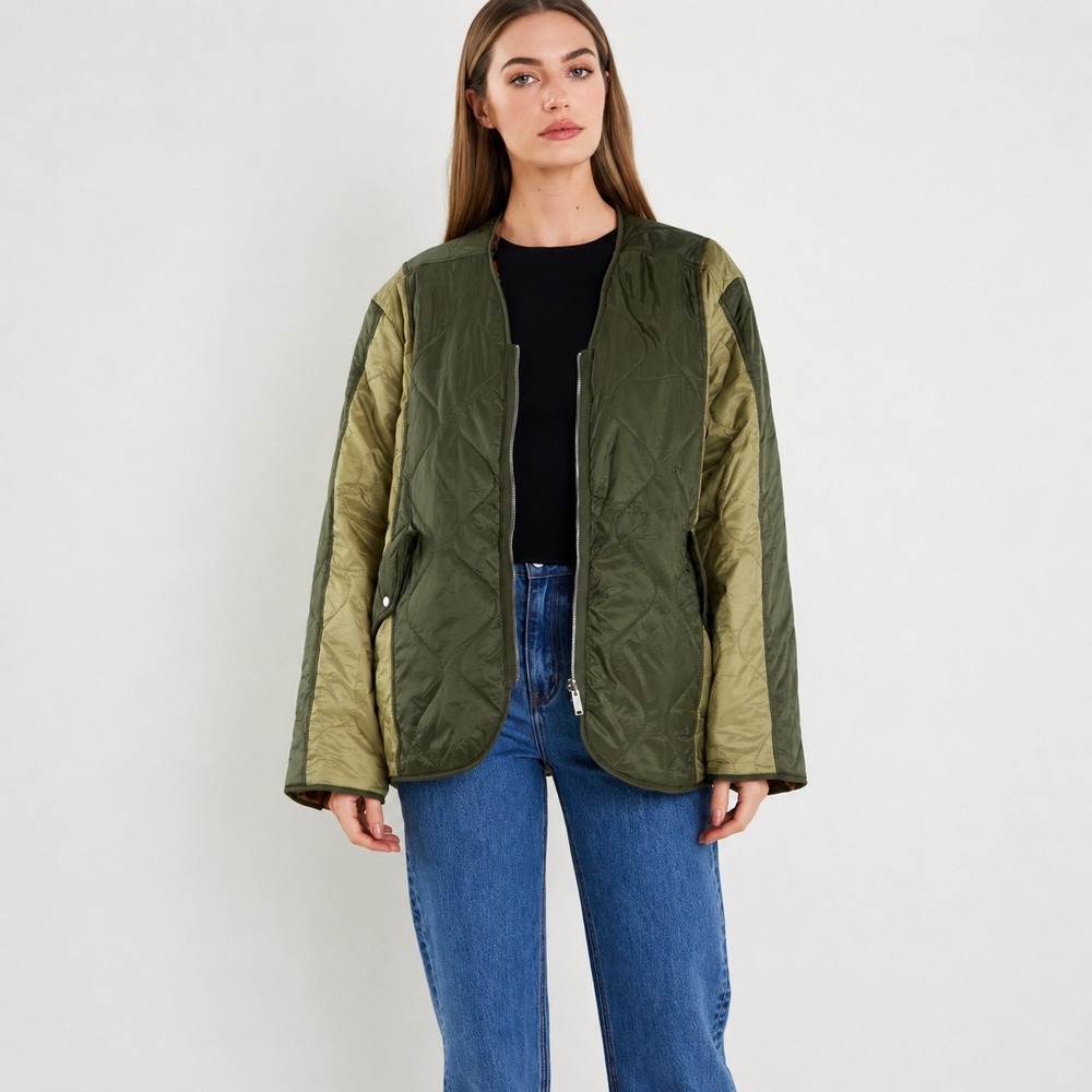 NEW English Factory Reversible Quilted Leopard Faux Fur Jacket Olive Green XS/S